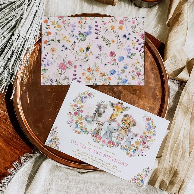 Colorful Flowers Jungle Safari Animals Birthday Invitation (Creator Uploaded)