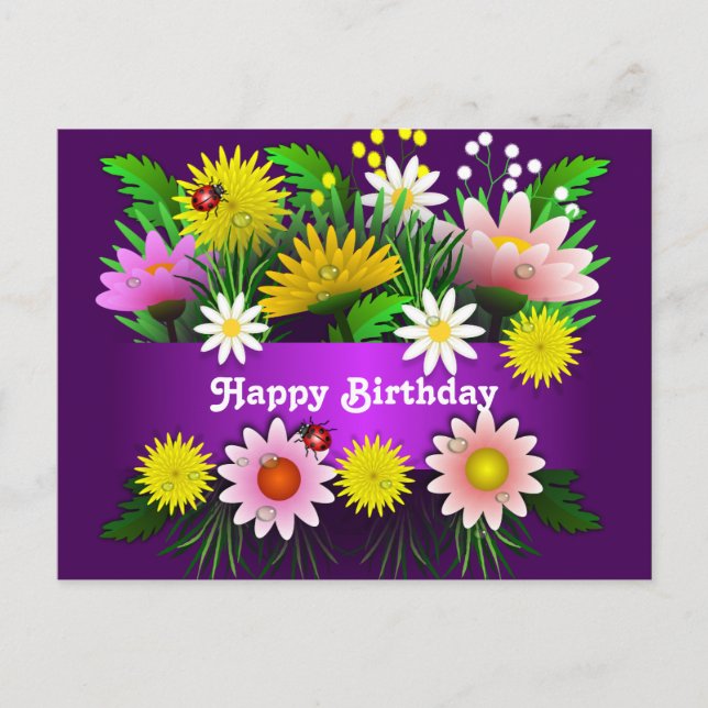 Colorful Flowers Lady Bugs Watercolor Birthday Postcard (Front)
