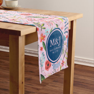 Colorful Flowers & Leafs Botanical Pattern Short Table Runner