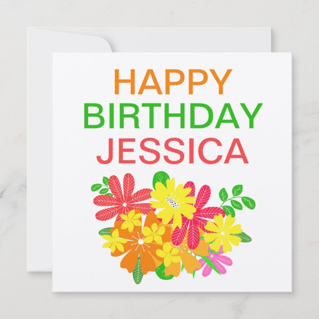 Colorful Flowers Leaves Happy Birthday Name Card (Front)
