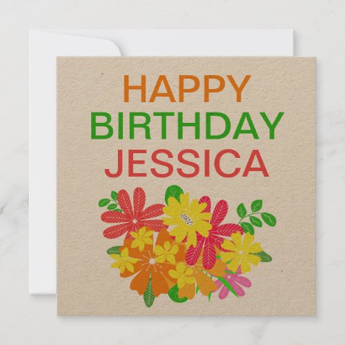 Colorful Flowers Leaves Happy Birthday Name Card