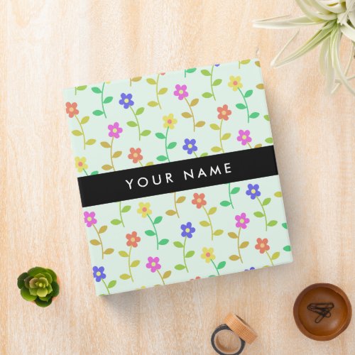 Colorful Flowers Light Green Background Black 3 Ring Binder