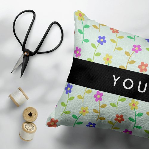 Colorful Flowers Light Green Background Black Accent Pillow