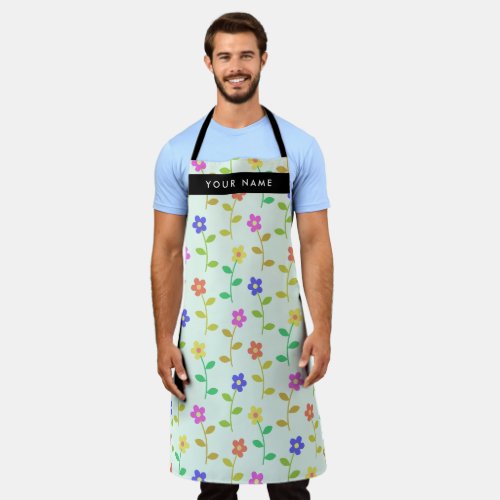 Colorful Flowers Light Green Background Black Apron