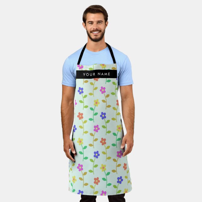 Colorful Flowers, Light Green Background, Black Apron (Worn)