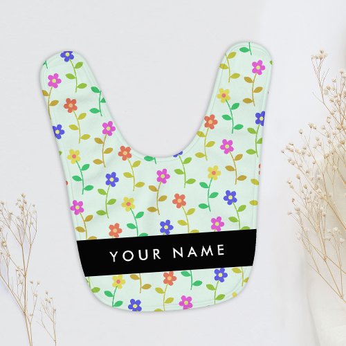 Colorful Flowers Light Green Background Black Baby Bib