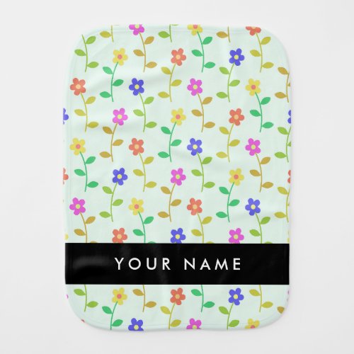 Colorful Flowers Light Green Background Black Baby Burp Cloth