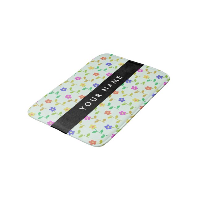 Colorful Flowers, Light Green Background, Black Bath Mat (Angled)