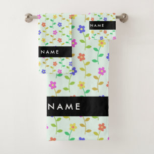 Colorful Flowers, Light Green Background, Black Bath Towel Set