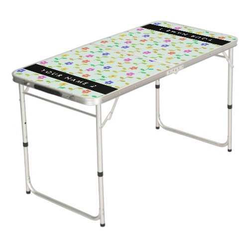 Colorful Flowers Light Green Background Black Beer Pong Table