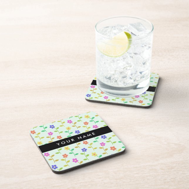 Colorful Flowers, Light Green Background, Black Beverage Coaster (Right Side)