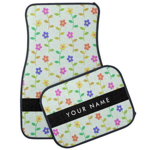 Colorful Flowers Light Green Background Black Car Floor Mat