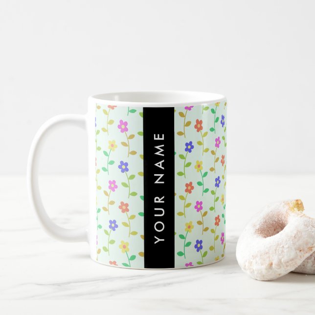 Colorful Flowers, Light Green Background, Black Coffee Mug (With Donut)