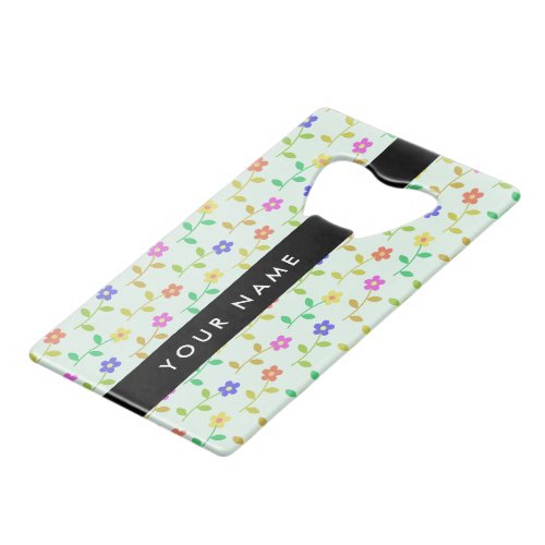 Colorful Flowers Light Green Background Black Credit Card Bottle Opener