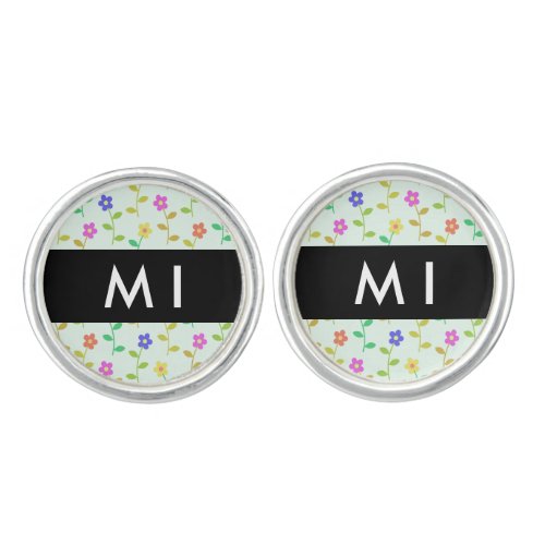 Colorful Flowers Light Green Background Black Cufflinks