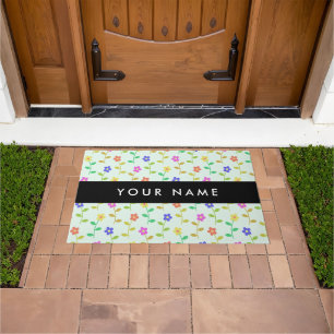 Colorful Flowers, Light Green Background, Black Doormat
