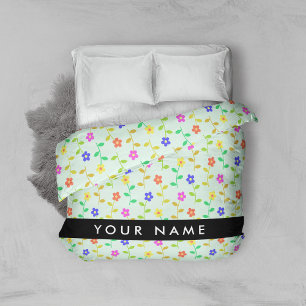 Colorful Flowers, Light Green Background, Black Duvet Cover