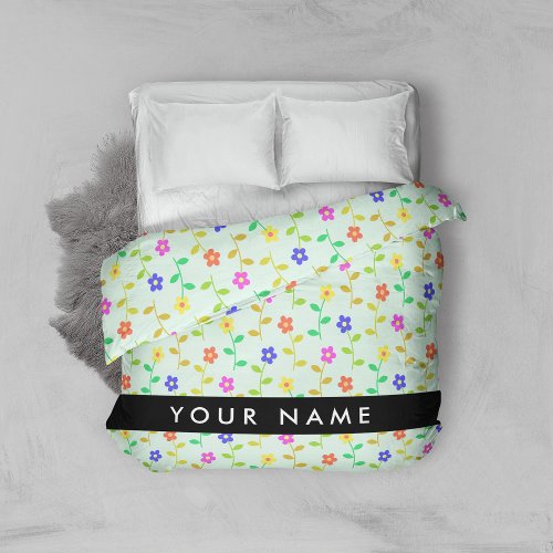 Colorful Flowers Light Green Background Black Duvet Cover