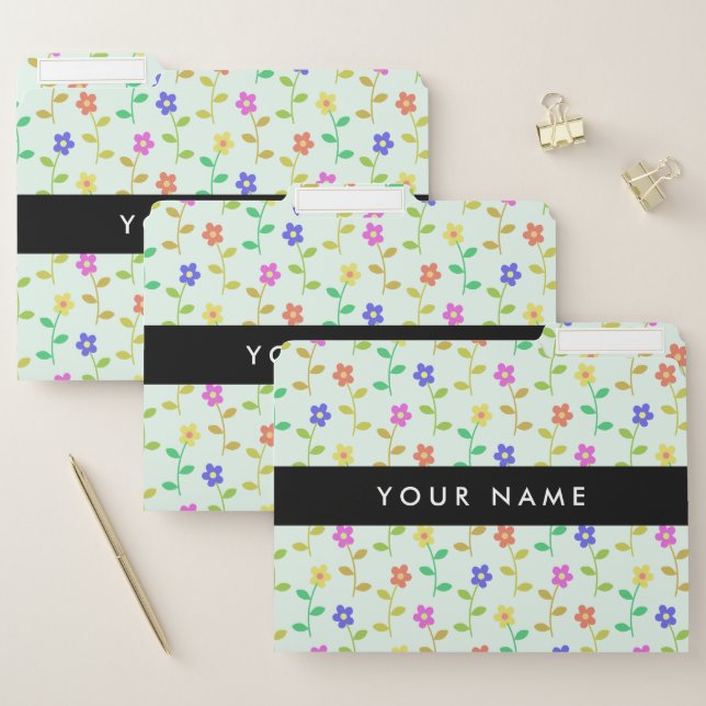 Colorful Flowers, Light Green Background, Black File Folder (Set)