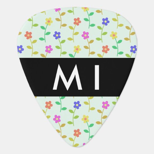 Colorful Flowers Light Green Background Black Guitar Pick