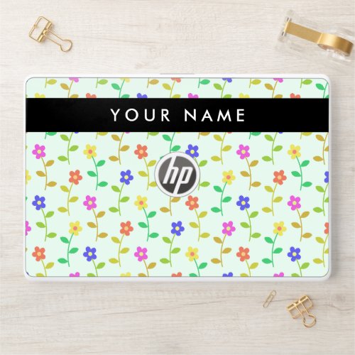 Colorful Flowers Light Green Background Black HP Laptop Skin