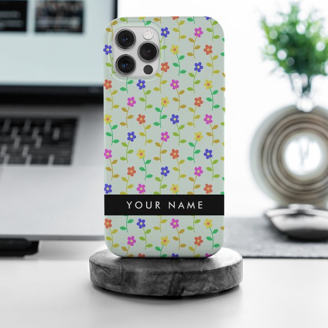 Colorful Flowers, Light Green Background, Black iPhone Case (Creator Uploaded)