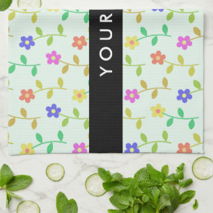 Colorful Flowers, Light Green Background, Black Kitchen Towel