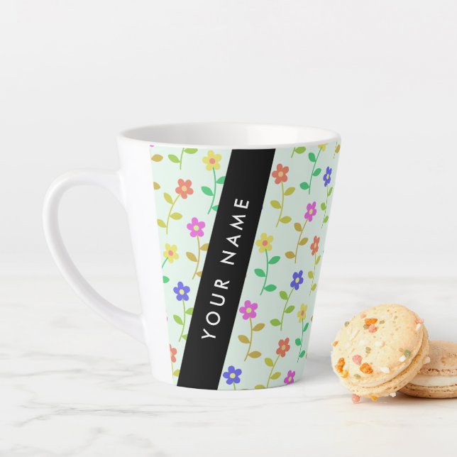 Colorful Flowers, Light Green Background, Black Latte Mug (In Situ)