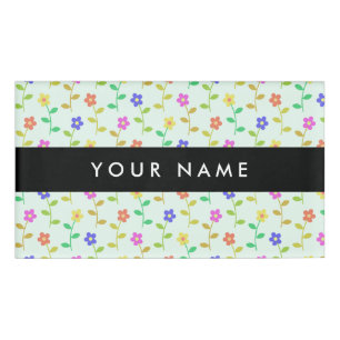 Colorful Flowers, Light Green Background, Black Name Tag