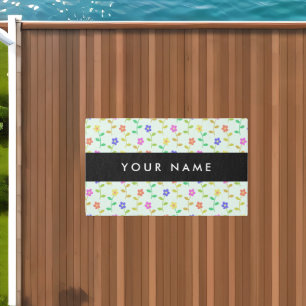 Colorful Flowers, Light Green Background, Black Outdoor Rug