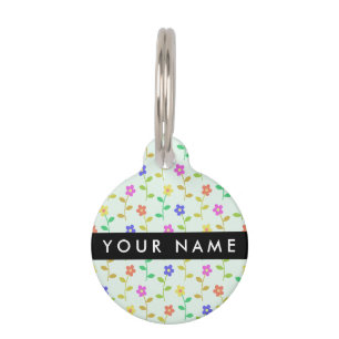 Colorful Flowers, Light Green Background, Black Pet ID Tag