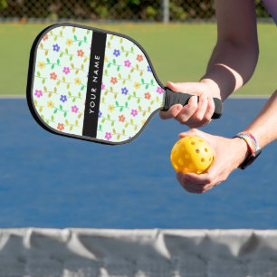 Colorful Flowers, Light Green Background, Black Pickleball Paddle