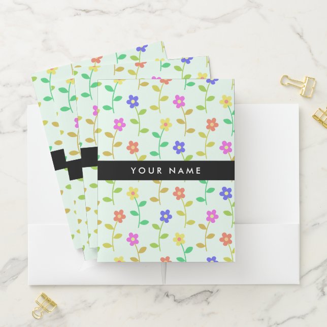 Colorful Flowers, Light Green Background, Black Pocket Folder (In Situ)