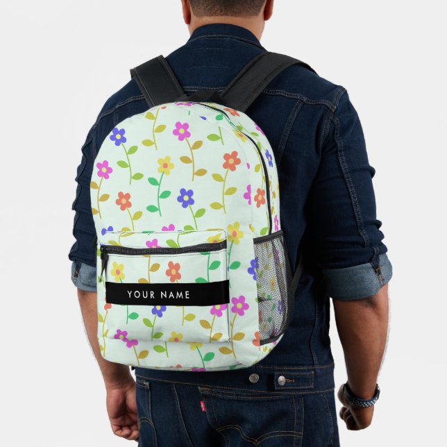 Colorful Flowers, Light Green Background, Black Printed Backpack (Insitu (Model))