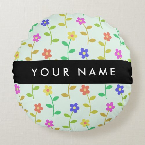 Colorful Flowers Light Green Background Black Round Pillow