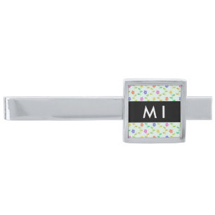 Colorful Flowers, Light Green Background, Black Silver Finish Tie Bar