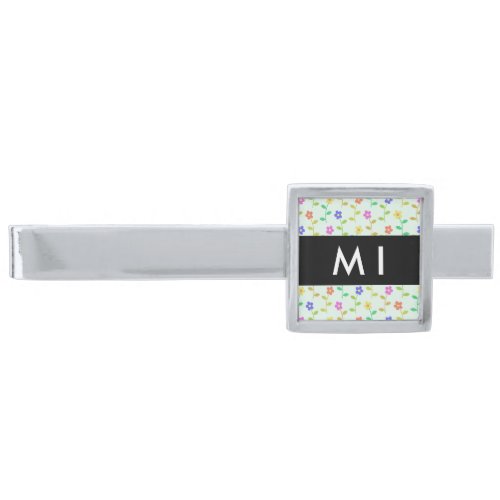 Colorful Flowers Light Green Background Black Silver Finish Tie Bar