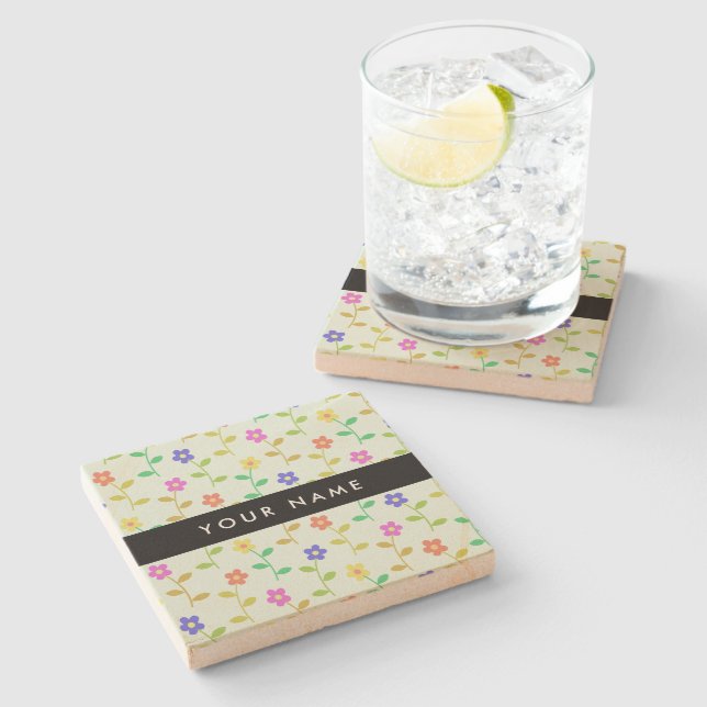 Colorful Flowers, Light Green Background, Black Stone Coaster (Side)