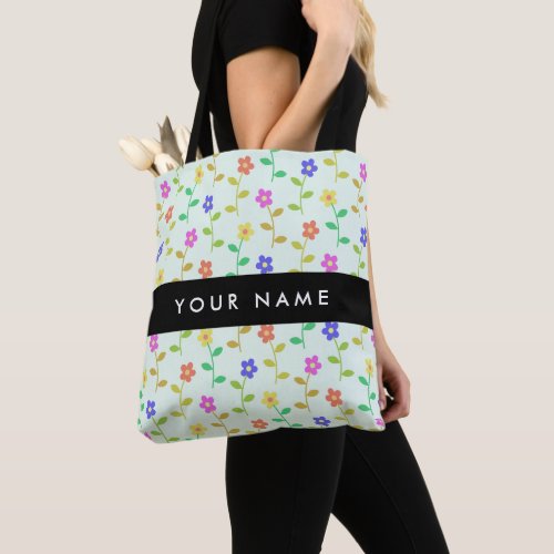 Colorful Flowers Light Green Background Black Tote Bag