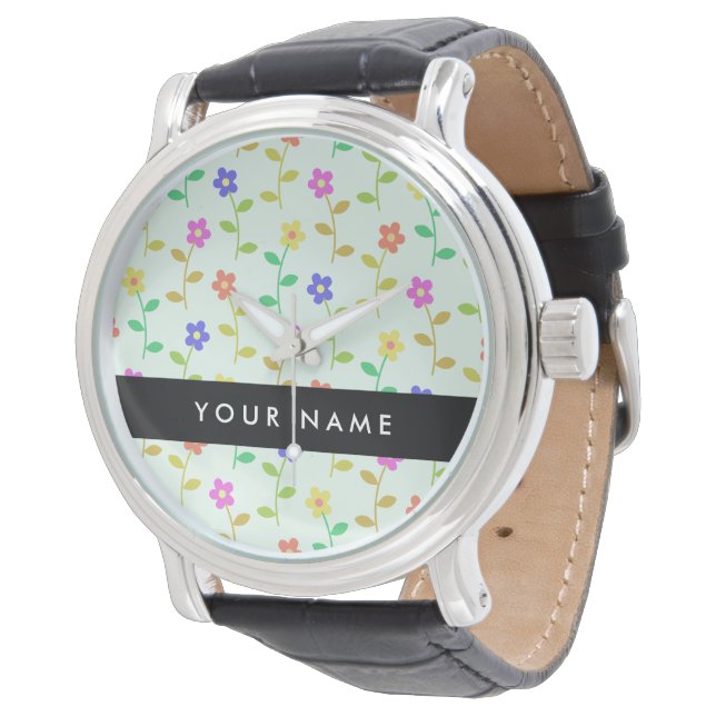 Colorful Flowers, Light Green Background, Black Watch (Angled)