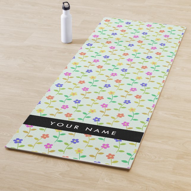 Colorful Flowers, Light Green Background, Black Yoga Mat (In Situ)