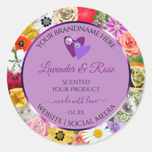 Colorful Flowers Light Purple Product Label Hearts