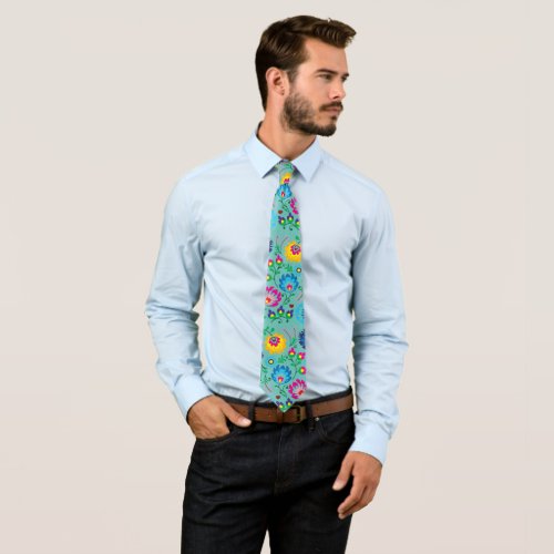 Colorful flowers light teal style tie