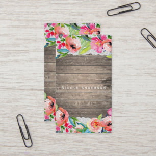 Colorful Flowers Modern Floral Chic Wood & Lace Business Card
