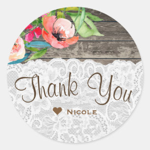 Colorful Flowers Modern Floral Chic Wood & Lace Classic Round Sticker