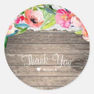 Colorful Flowers Modern Floral Chic Wood & Lace Classic Round Sticker