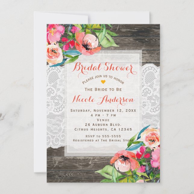 Colorful Flowers Modern Floral Chic Wood & Lace Invitation (Front)