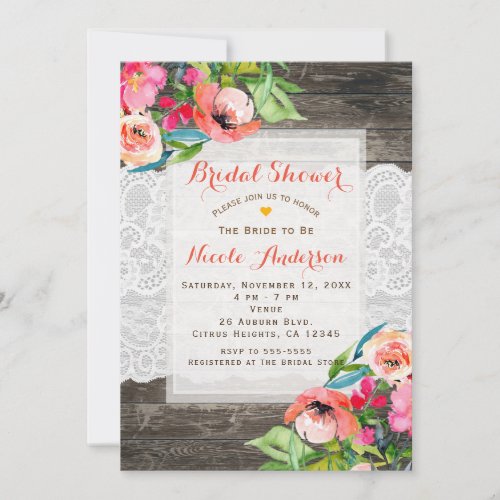 Colorful Flowers Modern Floral Chic Wood  Lace Invitation