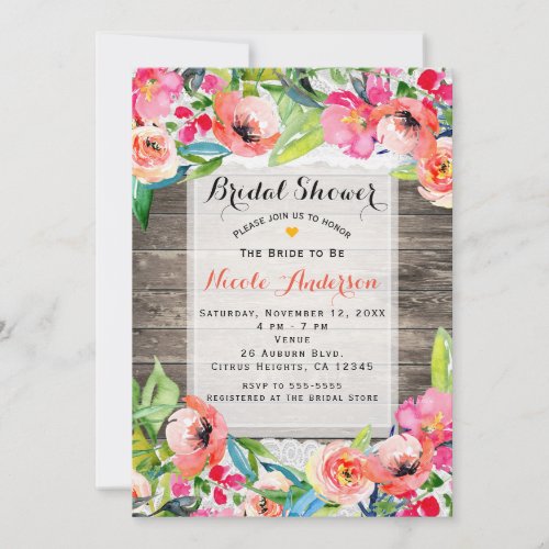 Colorful Flowers Modern Floral Chic Wood  Lace Invitation