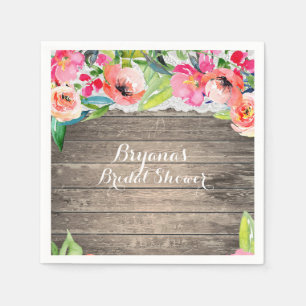 Colorful Flowers Modern Floral Chic Wood & Lace Paper Napkins